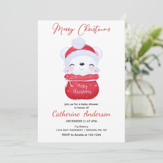 クリスマスの小さなクリスマスの熊の赤ちゃんシャワー 招待状 (スタンド正面)