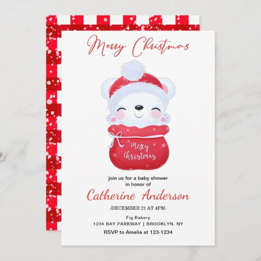 クリスマスの小さなクリスマスの熊の赤ちゃんシャワー 招待状 (正面/裏面)