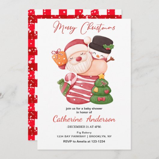クリスマスの小さなサンタクロース赤ちゃんシャワー 招待状 (正面/裏面)