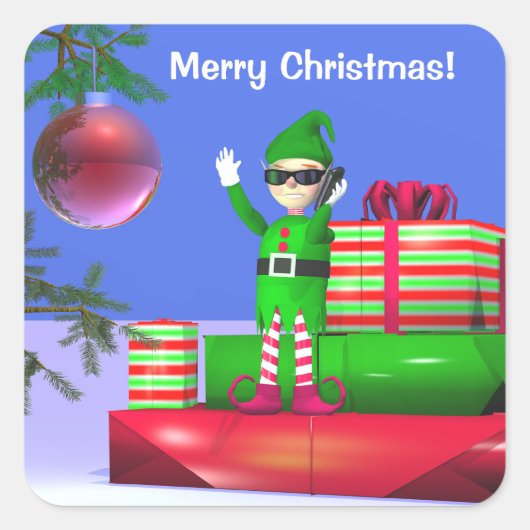 クリスマスの小妖精や小人がプレゼントに残る スクエアシール (正面)