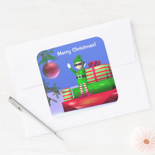クリスマスの小妖精や小人がプレゼントに残る スクエアシール (封筒)