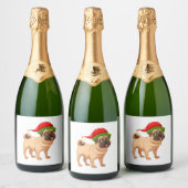 クリスマスの小妖精や小人帽子の可愛いパグ スパークリングワインラベル (ボトル)