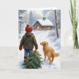 クリスマスの少年とモミの木と犬 カード