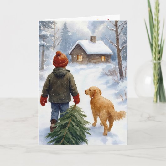 クリスマスの少年とモミの木と犬 カード (正面)