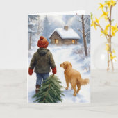 クリスマスの少年とモミの木と犬 カード (黄色い花)