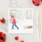 クリスマスの少年は冬の雪の水色を切った スタンダードランチョンナプキン (インサイチュ)