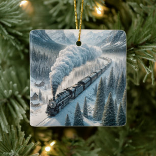 クリスマスの山あいの蒸気機関車 セラミックオーナメント