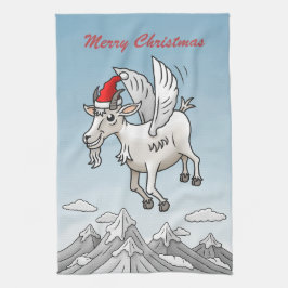 クリスマスの山のヤギの飛行 キッチンタオル