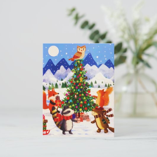 クリスマスの山の木の森の動物たち シーズンポストカード (スタンド正面)