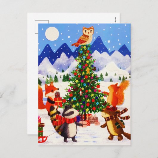 クリスマスの山の木の森の動物たち シーズンポストカード (正面/裏面)