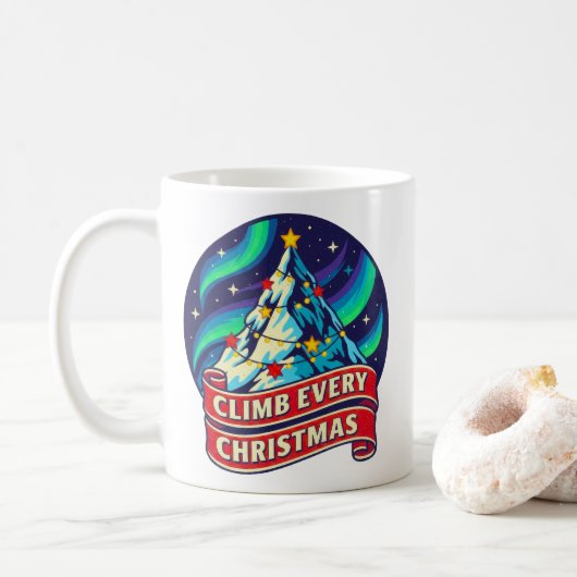 クリスマスの山を登れ デザイン コーヒーマグカップ (ドーナツ)