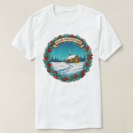クリスマスの山小屋の風景 ホームへ続く道 Tシャツ (デザイン正面)