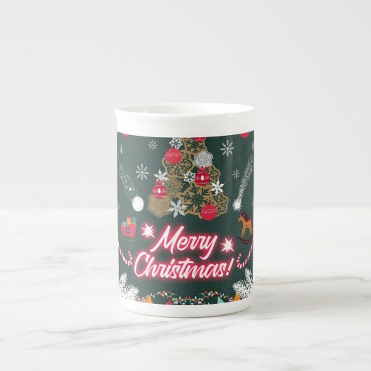 クリスマスの常緑の喜び ボーンチャイナマグカップ (正面)