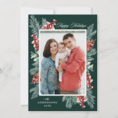 クリスマスの常緑樹とヒイラギのHappy Holidays 3枚の写真 シーズンカード (正面)