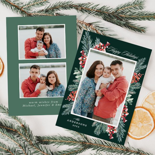 クリスマスの常緑樹とヒイラギのHappy Holidays 3枚の写真 シーズンカード