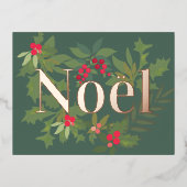 クリスマスの常緑樹の葉と実のホリデー 箔シーズンポストカード (正面)