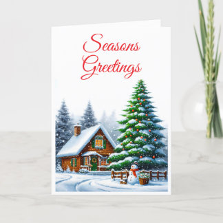 クリスマスの常緑樹の雪のログキャビンのグリーティングカード シーズンカード