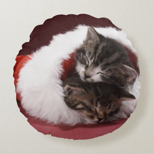 クリスマスの帽子で一緒に眠った子ネコ ラウンドクッション (正面)