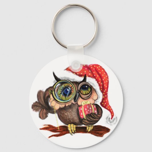 クリスマスの帽子とギフトの可愛いベビーフクロウ – おもしろい キーホルダー (正面)