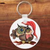 クリスマスの帽子とギフトの可愛いベビーフクロウ – おもしろい キーホルダー (正面)