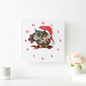 クリスマスの帽子とギフトの可愛いベビーフクロウ – おもしろい スクエア壁時計 (ホーム)