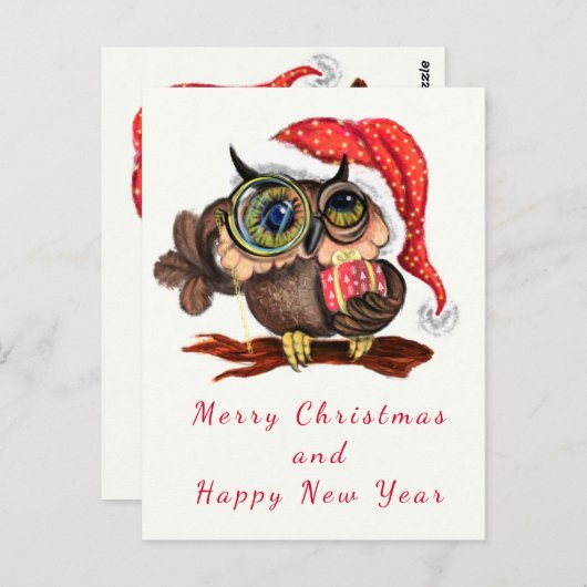クリスマスの帽子とギフトの可愛いベビーフクロウ – 漫画 ポストカード (正面/裏面)