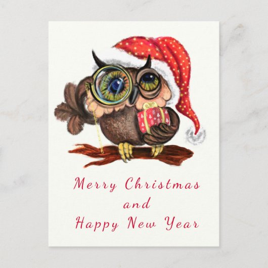 クリスマスの帽子とギフトの可愛いベビーフクロウ – 漫画 ポストカード (正面)