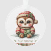 クリスマスの帽子とセーター姿のふくろうの赤ちゃん オーナメント (正面)