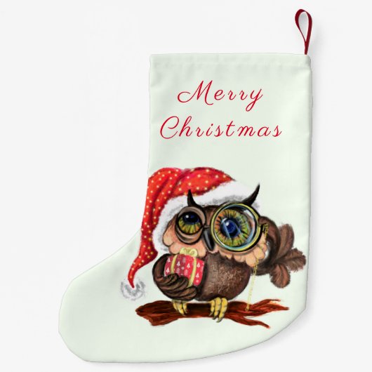 クリスマスの帽子とプレゼントに可愛いベビーフクロウ スモールクリスマスストッキング (裏面)