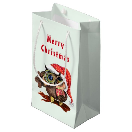 クリスマスの帽子とプレゼントに可愛いベビーフクロウ スモールペーパーバッグ (正面アングル)