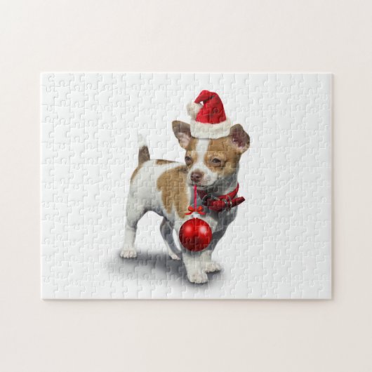 クリスマスの帽子とボールを持つ子犬 ジグソーパズル (横)