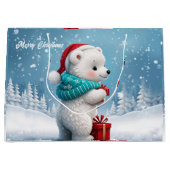 クリスマスの帽子と小さなかわいいベビークマ ラージペーパーバッグ (正面)