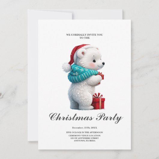 クリスマスの帽子と小さなかわいいベビークマ 招待状 (正面)