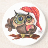 クリスマスの帽子と贈り物で可愛いベビーフクロウ絵画- s コースター (正面)