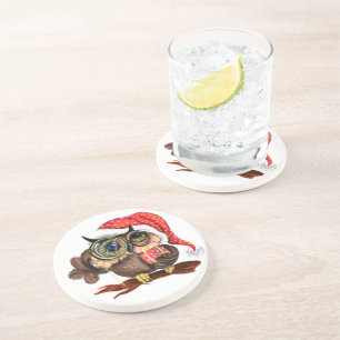 クリスマスの帽子と贈り物で可愛いベビーフクロウ絵画- s コースター