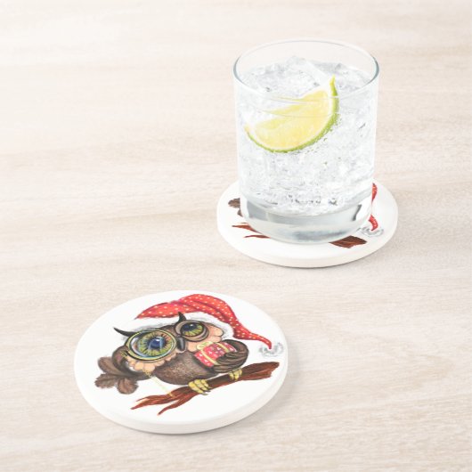クリスマスの帽子と贈り物で可愛いベビーフクロウ絵画- s コースター (側面)