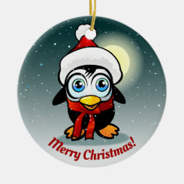 クリスマスの帽子の漫画を持つかわいいペンギン セラミックオーナメント