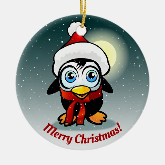 クリスマスの帽子の漫画を持つかわいいペンギン セラミックオーナメント (正面)