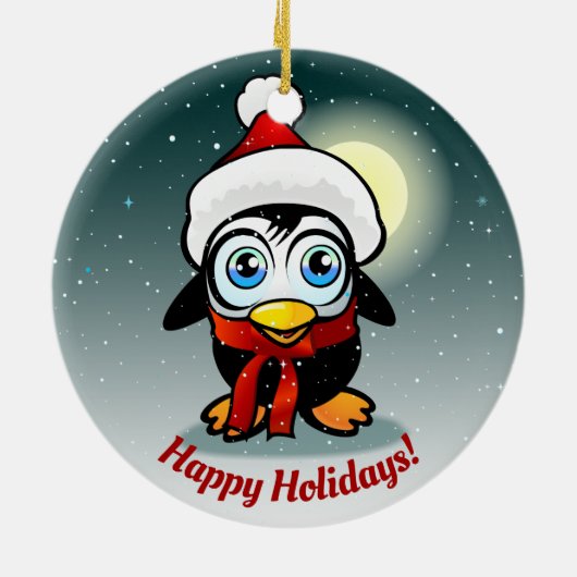 クリスマスの帽子の漫画を持つかわいいペンギン セラミックオーナメント (裏面)