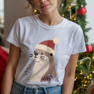 クリスマスの帽子をかぶったかわいいカワウソ 冬の動物 トライブレンドTシャツ