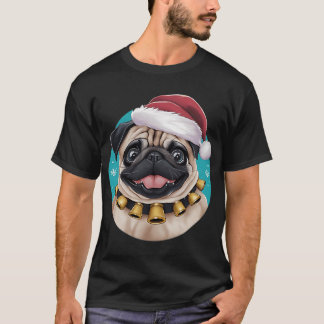 クリスマスの帽子をかぶったかわいいパグ - 楽しい Tシャツ