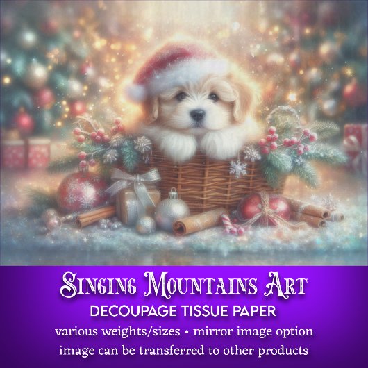 クリスマスの帽子をかぶったかわいい子犬のデコパージュ 薄葉紙