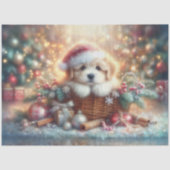 クリスマスの帽子をかぶったかわいい子犬のデコパージュ 薄葉紙 (正面)