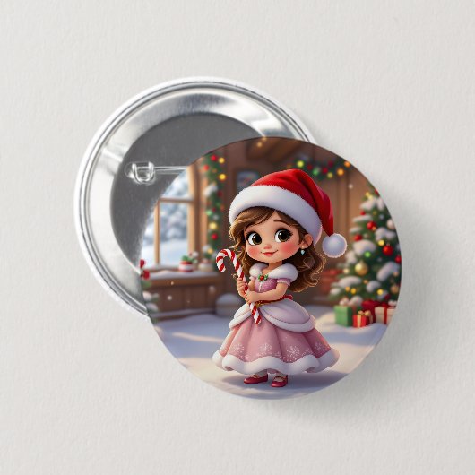 クリスマスの帽子をかぶったかわいい小さなプリンセス 缶バッジ (正面&裏面)