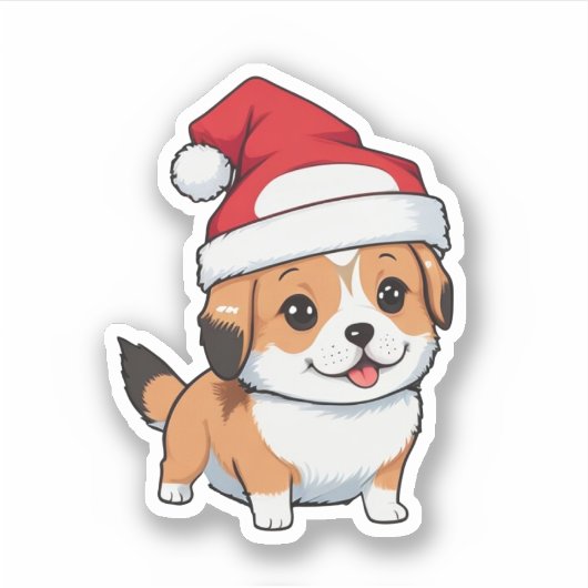 クリスマスの帽子をかぶったかわいい犬 シール (正面)