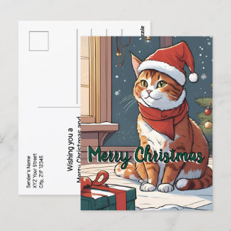 クリスマスの帽子をかぶったオレンジの猫 かわいい動物ペット ポストカード