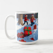 クリスマスの帽子をかぶったシベリアンハスキーの雪上ラン コーヒーマグカップ (左)