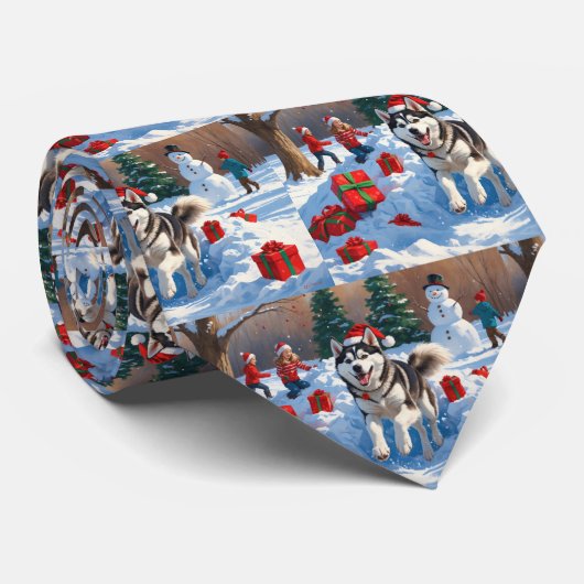 クリスマスの帽子をかぶったシベリアンハスキーの雪上ラン ネクタイ (ロール)