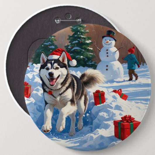 クリスマスの帽子をかぶったシベリアンハスキーの雪上ラン 缶バッジ (正面&裏面)