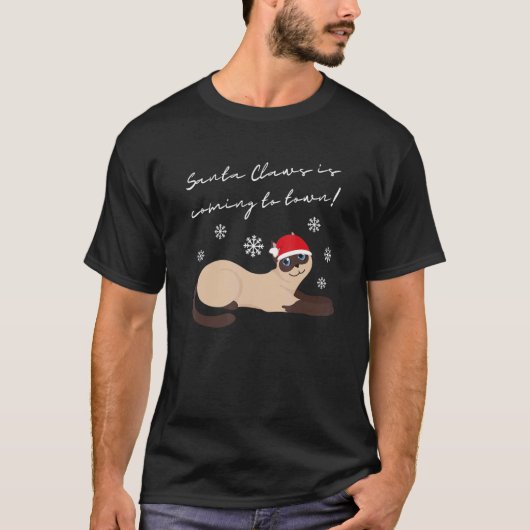 クリスマスの帽子をかぶったシャム猫 Tシャツ (正面)